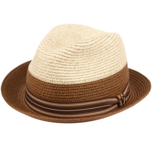 Two Tone Straw Trilby Fedora Hat for Men Women – Lightweight Summer Beach Hat with Stripe Band - color: Brown, size: Small-Medium