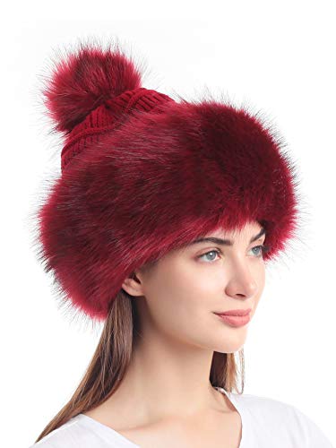 Soul Young Women's Faux Fur Hat Russian Cossack Knit Pompom Hat Ski Snow Cap for Winter Outdoor - color: Burgendy