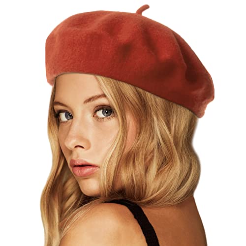 Wheebo Wool Beret Hat,Solid Color French Style Winter Warm Cap for Women Girls Lady - color: Rusty Red