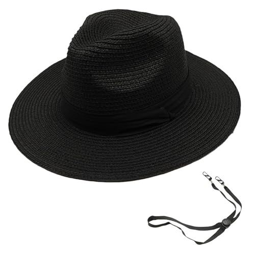 Womens Mens Wide Brim Straw Panama Hat Beach Sun Hat Summer Wide Brim Straw Roll up Hat Fisherman's UPF 50 - color: Black