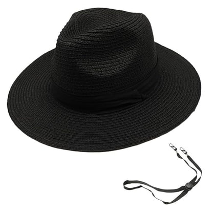 Womens Mens Wide Brim Straw Panama Hat Beach Sun Hat Summer Wide Brim Straw Roll up Hat Fisherman's UPF 50 - color: Black