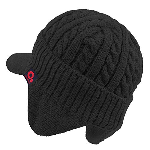 Women's Winter Cable Knitted Visor Beanie Fleece Lining Ear Flap Baseball Cap Hunting Trapper Hat with Billed - color: Black