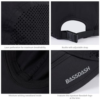 BASSDASH UPF 50+ Fishing Hat, Baseball Cap with Removable Neck Flap - color: Black With Foldable Brim