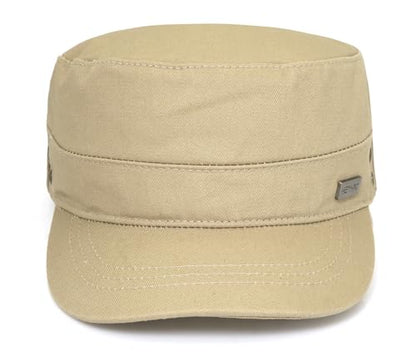 Unisex Flat Top Military Cadet Cap Outdoor Sun Hat - color: Square Label Khaki