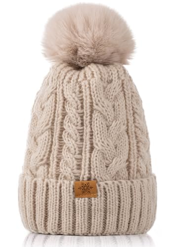 Winter Hats for Women - Fleece Lined Beanie for Women, Warm Winter Hat with Faux Fur Pom - color: Beige