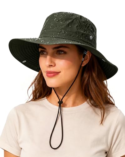 Wide Brim Waterproof Bucket Rain Hat for Women Men UPF50+ Cowboy Sun Hat - color: Army Green