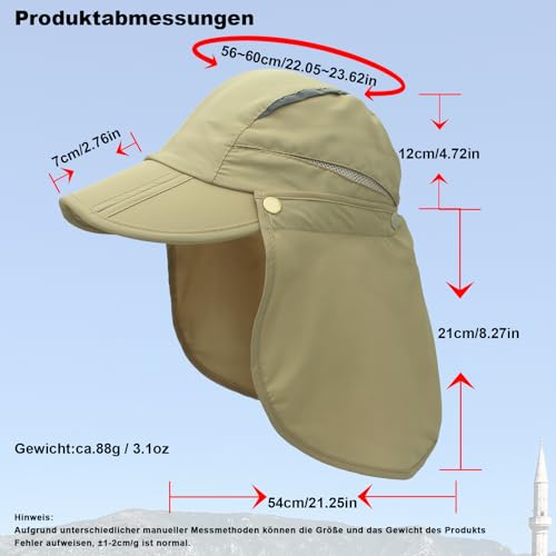 Hat with Neck Protection Detachable Multi-Purpose Summer Sun Hat Sun Protection Breathable Quick Dry UV Protection - color: Khaki, size: Large