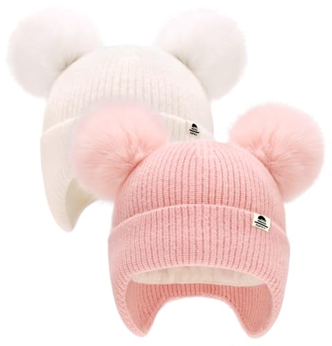 FURTALK Baby Winter Hat Pom Pom Beanie with Fleece Lined Toddler Warm Cap - color: White+pink, size: 0-6 Months