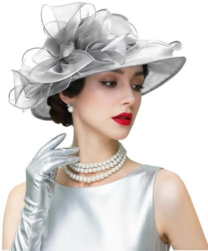 ORIDOOR Women's Organza Cloche Bowler Hat Derby Fascinator for Tea Party Bridal Wedding Hat - color: 011c1-gray
