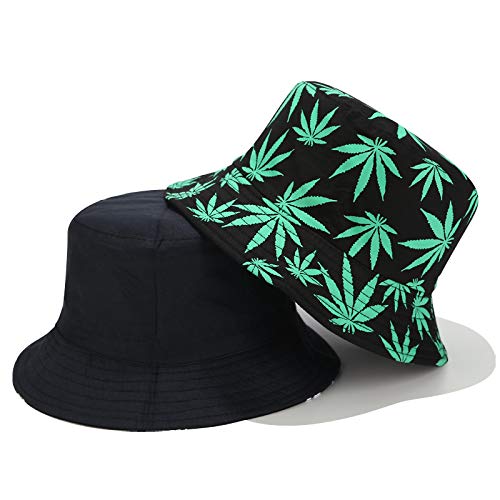 INOGIH Reversible Bucket-Hat Marijuana-Cannabis Weed Foldble Fisherman Hat - color: Black&green Leaf, size: Medium
