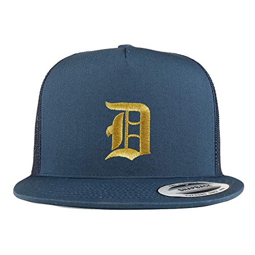 Trendy Apparel Shop Old English Gold D Embroidered 5 Panel Flatbill Trucker Mesh Cap - color: Navy