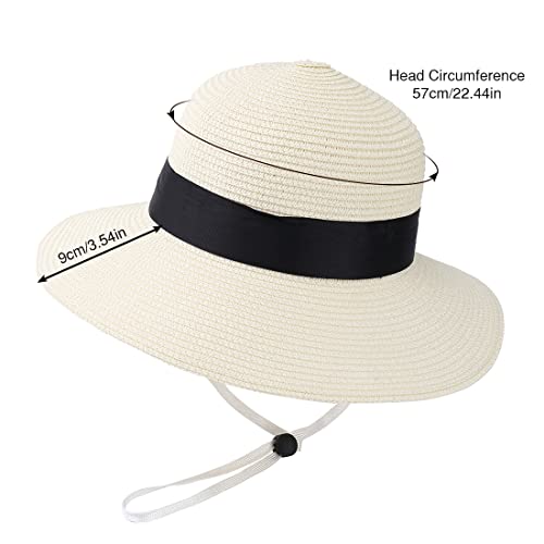Sun Straw Hat for Women with Wind Lanyard Wide Brim Foldable Beach Summer Hats Womens UV 50+ Protection Bowknot Cap - color: Rose Pink