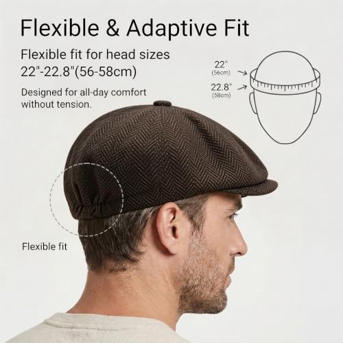ZLYC Newsboy Cap for Men Summer Flat Cap Lightweight Beret Hat - color: Herringbone Dark Brown