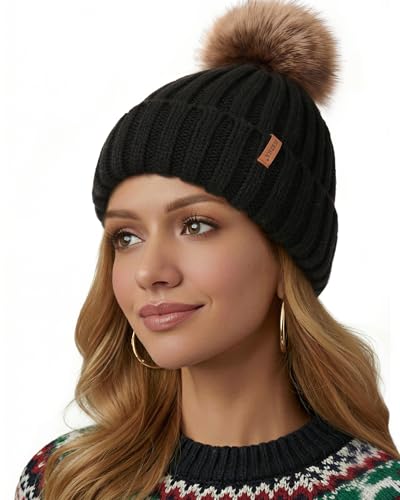 FURTALK Winter Beanie Hats for Women Fleece Lined Pom Pom Knitted Warm Beanie Caps - color: 01-black
