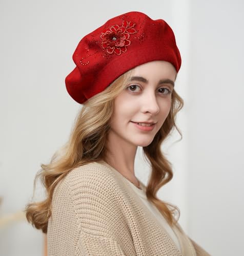 Flower Embroidery Beret Hat for Women, French Style Knitted Beret Hats, Stylish Solid Color Beret Cap for Women Girls Lady - color: Red