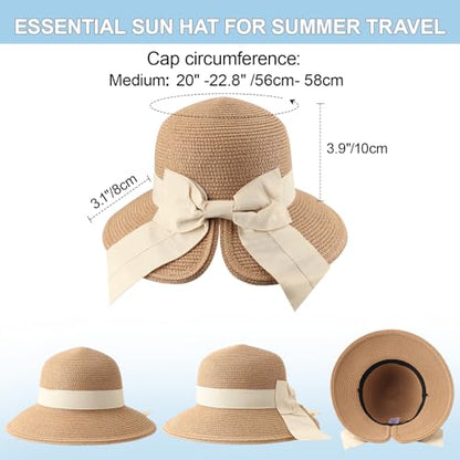 DRESHOW Sun Hats for Women Travel Fedora Foldable Beach Sun Hat Summer Wide Brim Straw Bucket Hat with Bowknot UPF 50+ - color: 1 Pack With Bowknot: Camel (Beige Band)