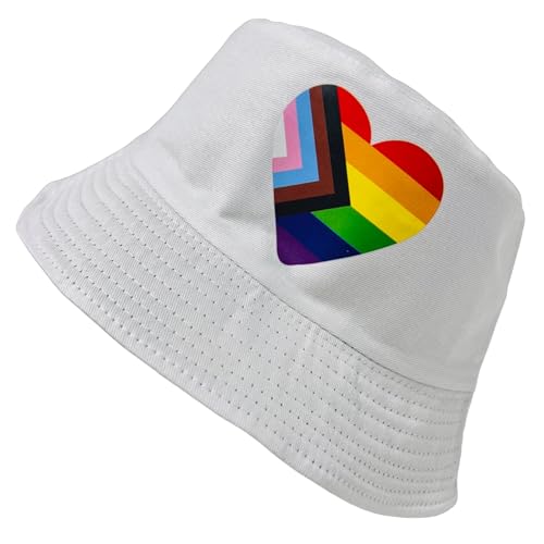 Pride Unisex Bucket Hat Reversible Double-Side-Wear Packable for Travel, Outdoors, and Beach - color: White Progress Pride Heart