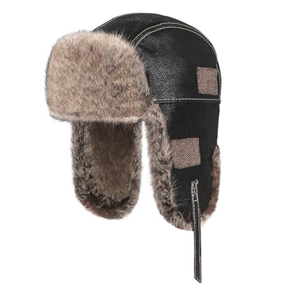 Men Trapper Hat Faux Leather Fur Winter Earflap Russian Trooper Ushanka Hat Women Fluffy Warm Soft Aviator Cossack Skiing Cap - color: Black