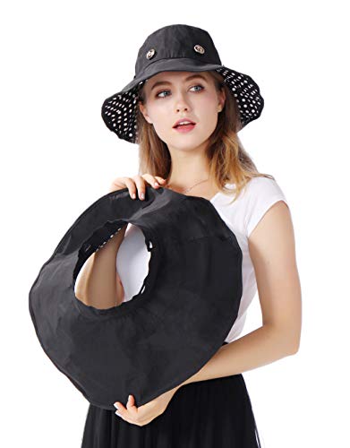 iHomey Packable Shapeable Extra Large Brim Floppy Sun Hat Reversible UPF 50+ Beach Sun Bucket Hat - color: Black-dot