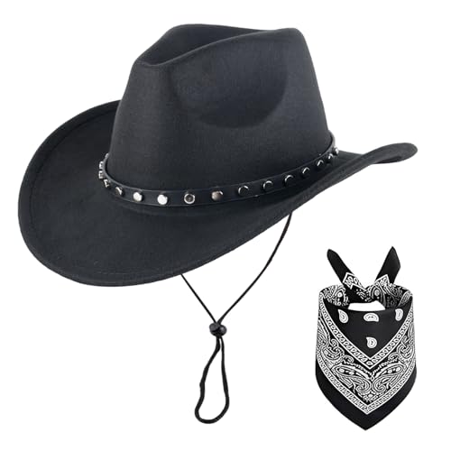 Classic Western Cowboy Hat, Unisex Felt Cowboy hat with Wide Brim and Band, Ideal for Rodeos, Costume Parties, Outdoor Wear - color: Black2