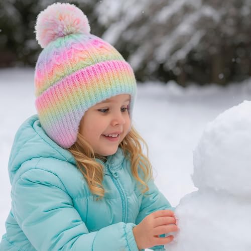 Toddler Earflap Beanie Hat with Rainbow Pom for Little Girls Knitted Beanies Kids Winter Skiing Caps Age 3-8 - color: Rainbow 01