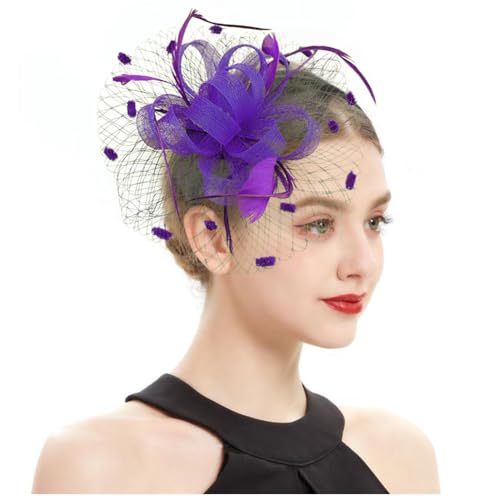 Women's Fascinator Feather Flower Hir clip & Corsage Dual-use Bridal Headpiece Hair Accessories Cocktail Party Wedding - color: Purple