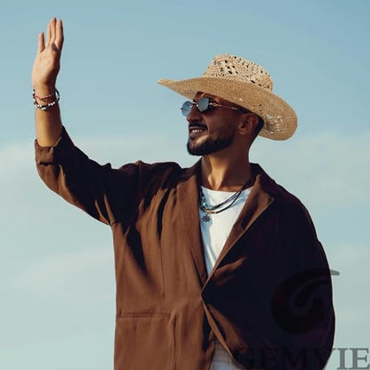 GEMVIE Men & Women's Summer Cowboy Cowgirl Straw Hat Hollow Out Style Roll Up Brim Cowboy Sun Hat - color: Coffee