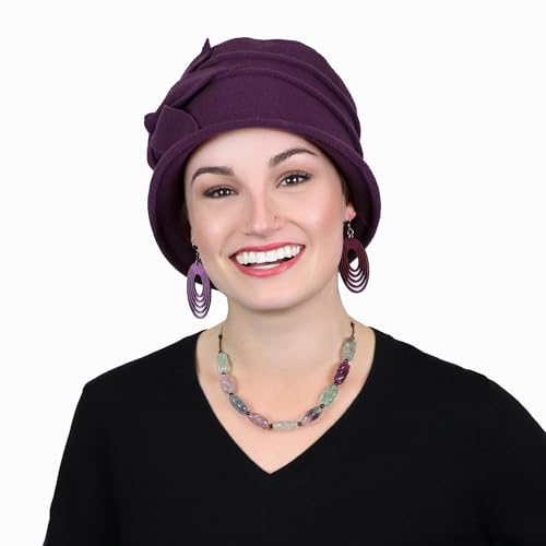 Fleece Flower Cloche Hat for Women Chemo Cancer Ladies Headwear 50+ UPF - color: Plum
