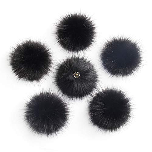 Pack of 6 Detachable Faux Fox Fur Pom Poms for Hats with Snap 4.3inch/11CM DIY Handmade Accessories (Black) - color: Black