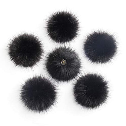Pack of 6 Detachable Faux Fox Fur Pom Poms for Hats with Snap 4.3inch/11CM DIY Handmade Accessories (Black) - color: Black