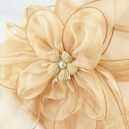 Organza Fascinator Hat - Women’s Wide Brim Church Bridal Tea Party Wedding Hat - color: 02a-gold