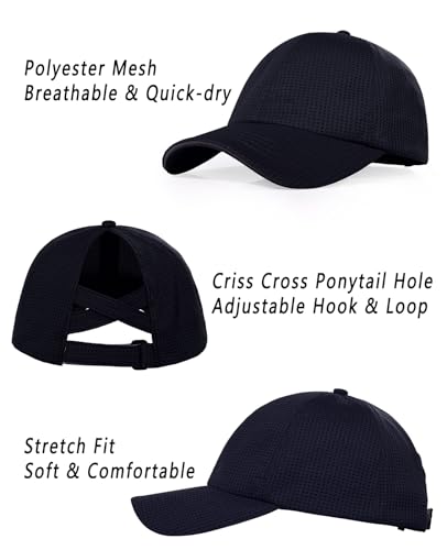 ZTL Womens High Ponytail Baseball Cap Performance Mesh Hat, Lightweight Quick Dry Race Day Running Hat with Reflective Trim - color: Navy