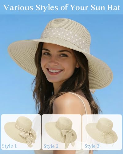 Sun Beach Straw Hats for Women, Summer Wide Brim Hat - color: Light Beige, size: Large