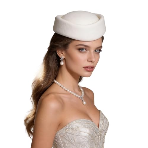 Wool Felt Pill Box Hats for Women Vintage 60s Fascinators Church Hats Cocktail Stewardess Derby Hats with Comb - color: White
