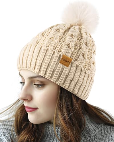 Womens Winter Knitted Beanie Hat,Warm Fleece Lined Soft Chunky Trendy Ski Cap with Cute Pom Pom - color: Beige