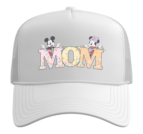 Disney Mom Mickey & Minnie Pastel Letters Family Disney Trip Trucker Hat with Adjustable Mesh Back - color: White