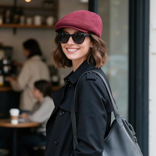 YAMEIZE Retro Suede Newsboy Hats for Men Women Beret Ivy Flat Cap Adjustable Winter Caps Trendy - color: Red
