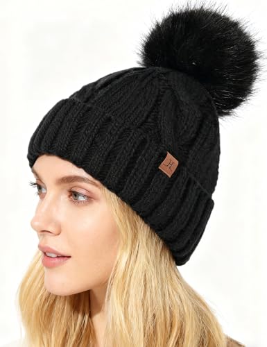 DS DADOU&XIAOSHAN Winter Hats for Women, Fleece Lined Beanie with Pom Pom, Girls Womens Knit Hat Beanies Toboggan - color: Black