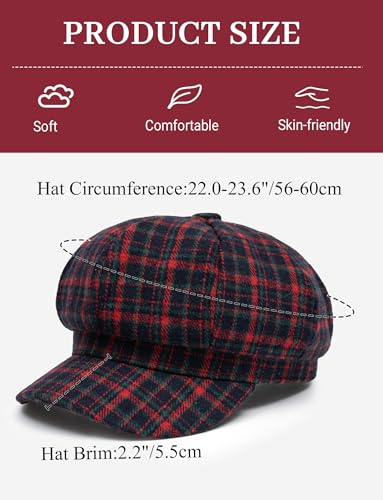 FEOYA Women Newsboy Hat Plaid Cabbie Caps Cotton Casual Stylish Beret Cap Paperboy Hats - color: Plaid-red
