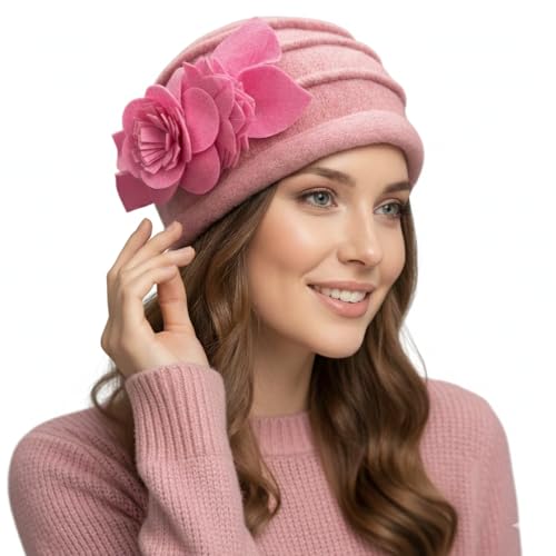 Women's Wool Dress Church Cloche Hat Bucket Winter Floral Hat - color: Floral-pink