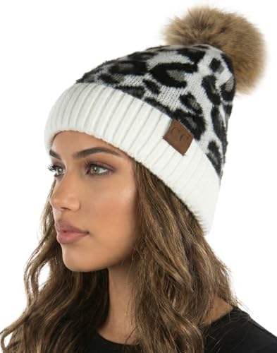 Funky Junque Women’s Pom Pom Beanie – Soft Knit Winter Hat for Women & Teens, Leopard & Zebra Fashion Animal Print Beanies - color: Leopard - Ivory