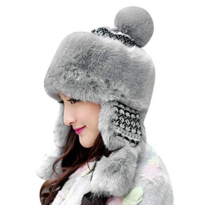 Warmer Faux Fur Trapper Hat for Women, Furry Warm Mongolian Russian Skiing Winter Cold Windproof Earflap Outdoor Cap - color: Grey