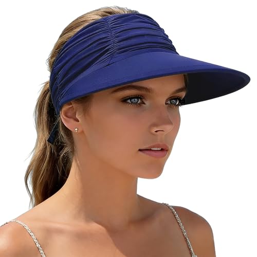 KXF Sun Visors Hat for Women Wide Brim Beach Hat Foldable Visor Hat Cap Ponytail Summer Packable UPF 50+ Adjustable Stretchy - color: Navy