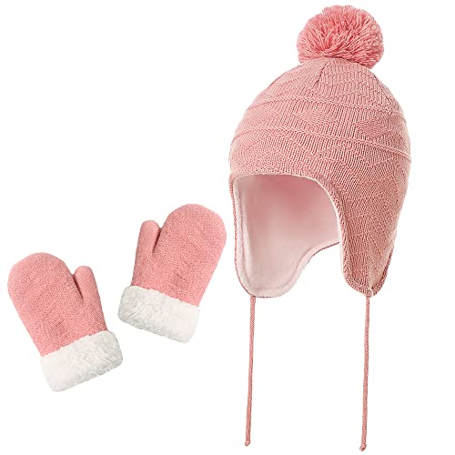 jerague Hats and Gloves Set for Kids Toddler Baby Girls Boys Warm Earflap Beanie Fleece Hats Mittens - color: Pink 2, size: 1-3T