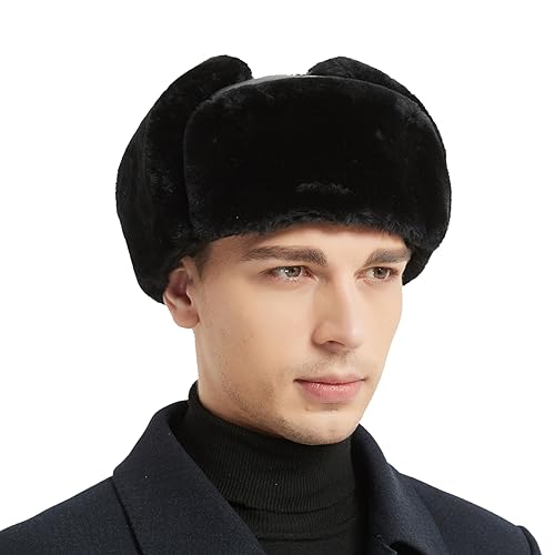 Trapper Hat Winter Hunter Ushanka Ear Flaps Sport Leather Black Hat - size: Medium