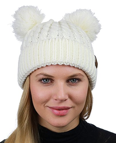 C.C 2 Ear Pom Pom Cable Knit Soft Stretch Cuff Skully Beanie Hat - color: Ivory