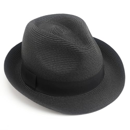 AQOKKA Summer Straw Fedora Hat for Women Men Travel Panama Hat with Wide Brim Roll Up Sun Hat for Beach Outdoor UPF 50+ - color: Black a