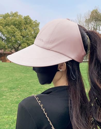 Sun Hats for Women Outdoor Wide Brim UV Protection Hollow Top Summer Beach Packable Visor with Ponytail-Hole - color: Pink