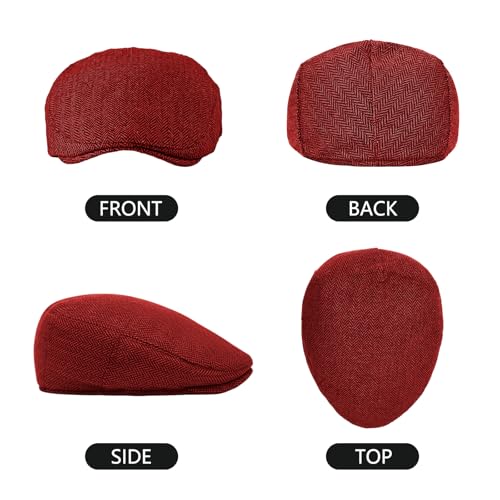 meioro Herringbone Flat Ivy Newsboy Cap for Men Classic Tweed Newsboy Hat Wool Blend Flat Cap Gatsby Cabbie Hats Ivy Caps - color: Red