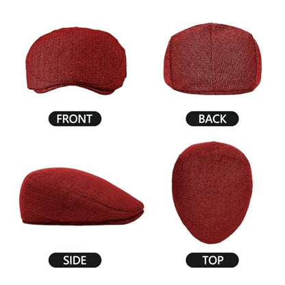 meioro Herringbone Flat Ivy Newsboy Cap for Men Classic Tweed Newsboy Hat Wool Blend Flat Cap Gatsby Cabbie Hats Ivy Caps - color: Red